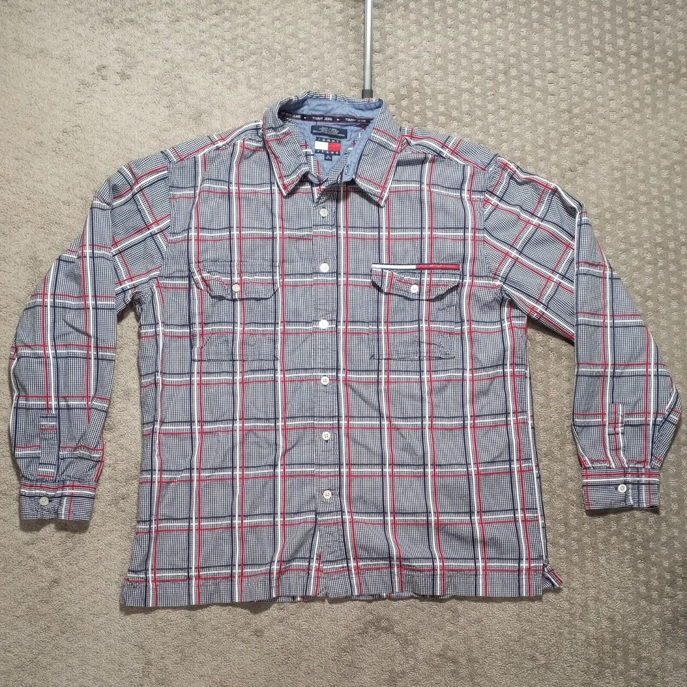 Tommy Hilfiger Long Sleeve Button Up Shirt Mens Size XL Checkered Striped